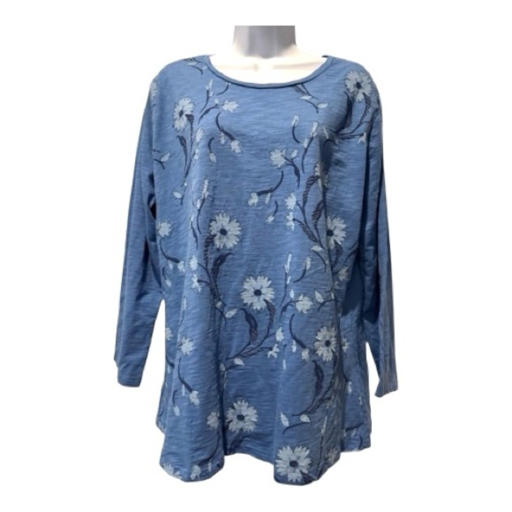 Vermont Country Store Floral Stitched Detail Top L Blue Cotton